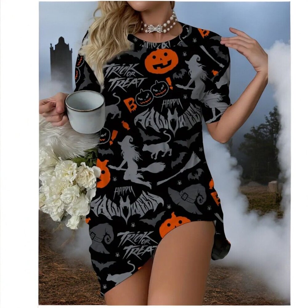 Women's Jack-O-Lantern & Witch Print Casual Sleepwear Dress, Short Sleeve Round